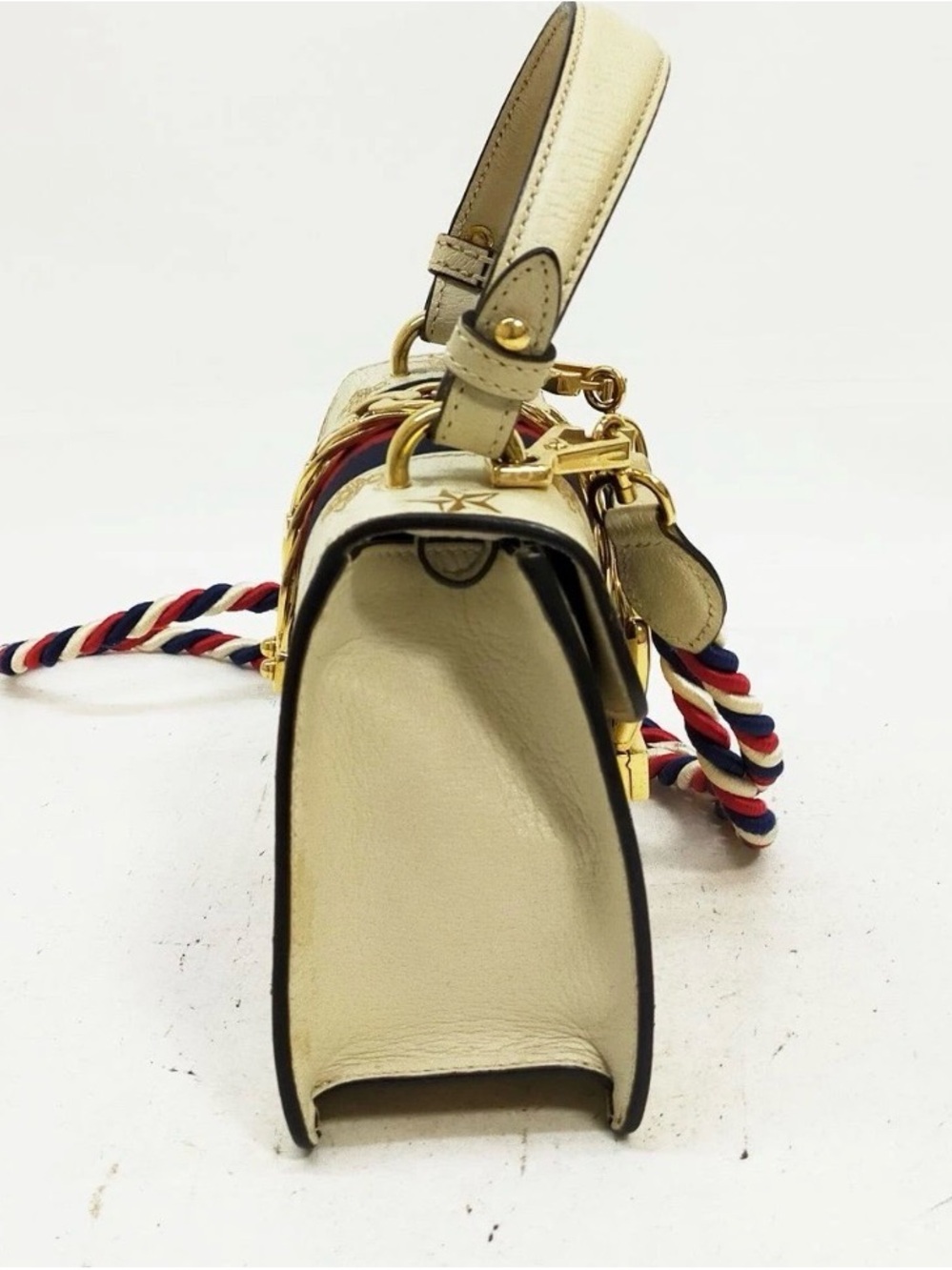 Gucci Cream Leather Top-Handle Shoulder Bag with Navy & Red Web - Picture 3 of 16